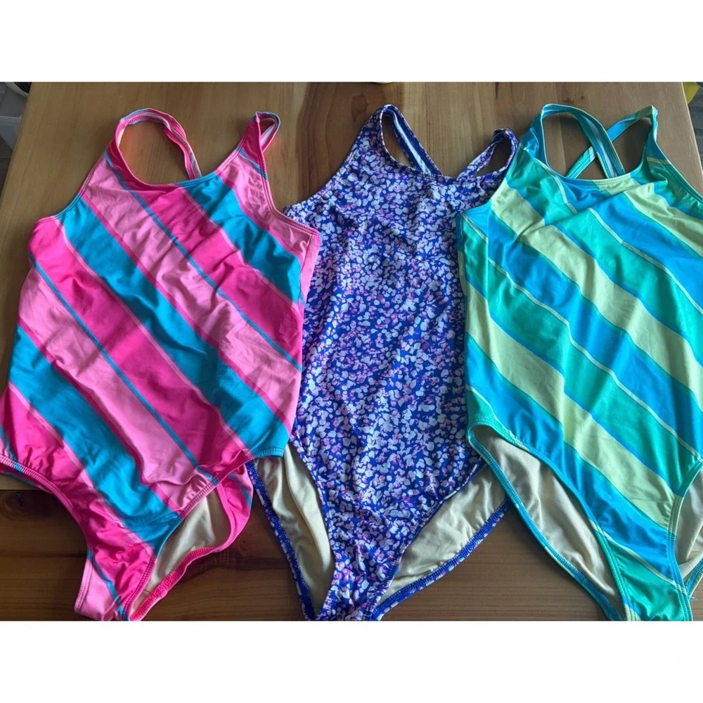 Lot Of 3 Lands End Swimsuits Girls Plus Size 10-12 Pink Blue Purple Green EUC